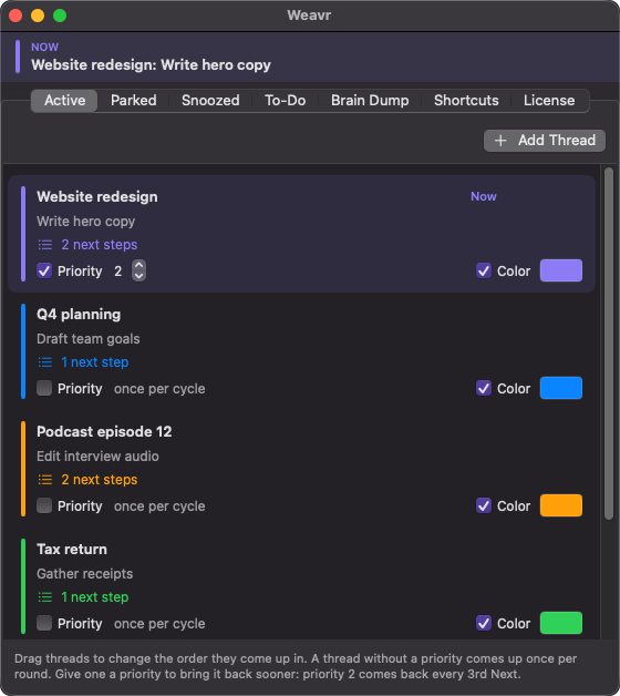 The thread list with colors, priorities and next steps