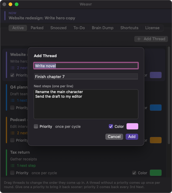Adding a thread with its next steps